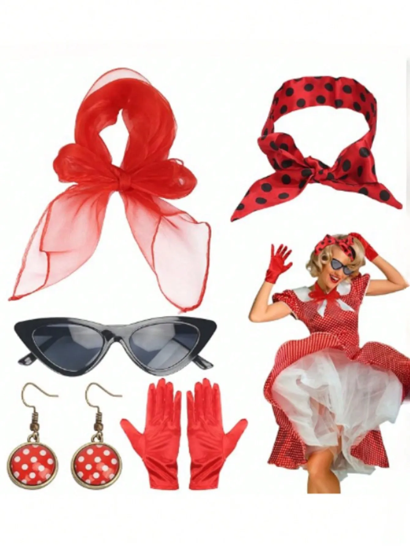 

PESENAR "50s Retro Costume Accessories: Polka Dots, Red Accents & Vintage Styles, Perfect for Nostalgic Themed Parties."