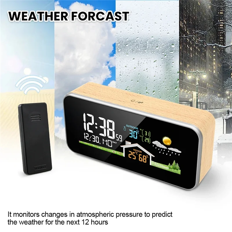 Wireless Weather Station Wooden Alarm Clock Home Desk Watch Digital Thermometer Humidity Temperature Wireless Sensor-Y47A