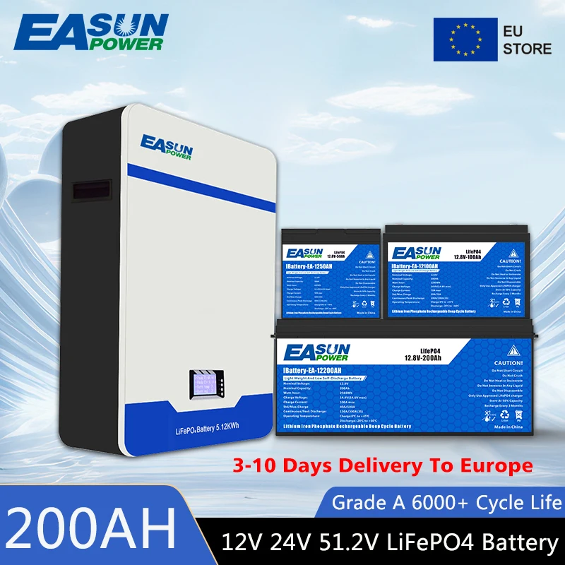 EASUN LiFePO4 Battery 12V 24V 51.2V 100Ah 200Ah Pack Grade A Batteries Built-in BMS for RV Boats Solar Energy No Tax EU Shipped