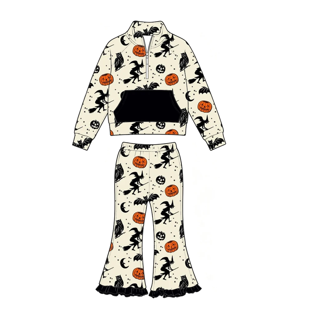 Long-Sleeved Pocket Girl's Set Zipper Stand-Up Collar Long Pants Lace Halloween Ghost Print Boutique children Set