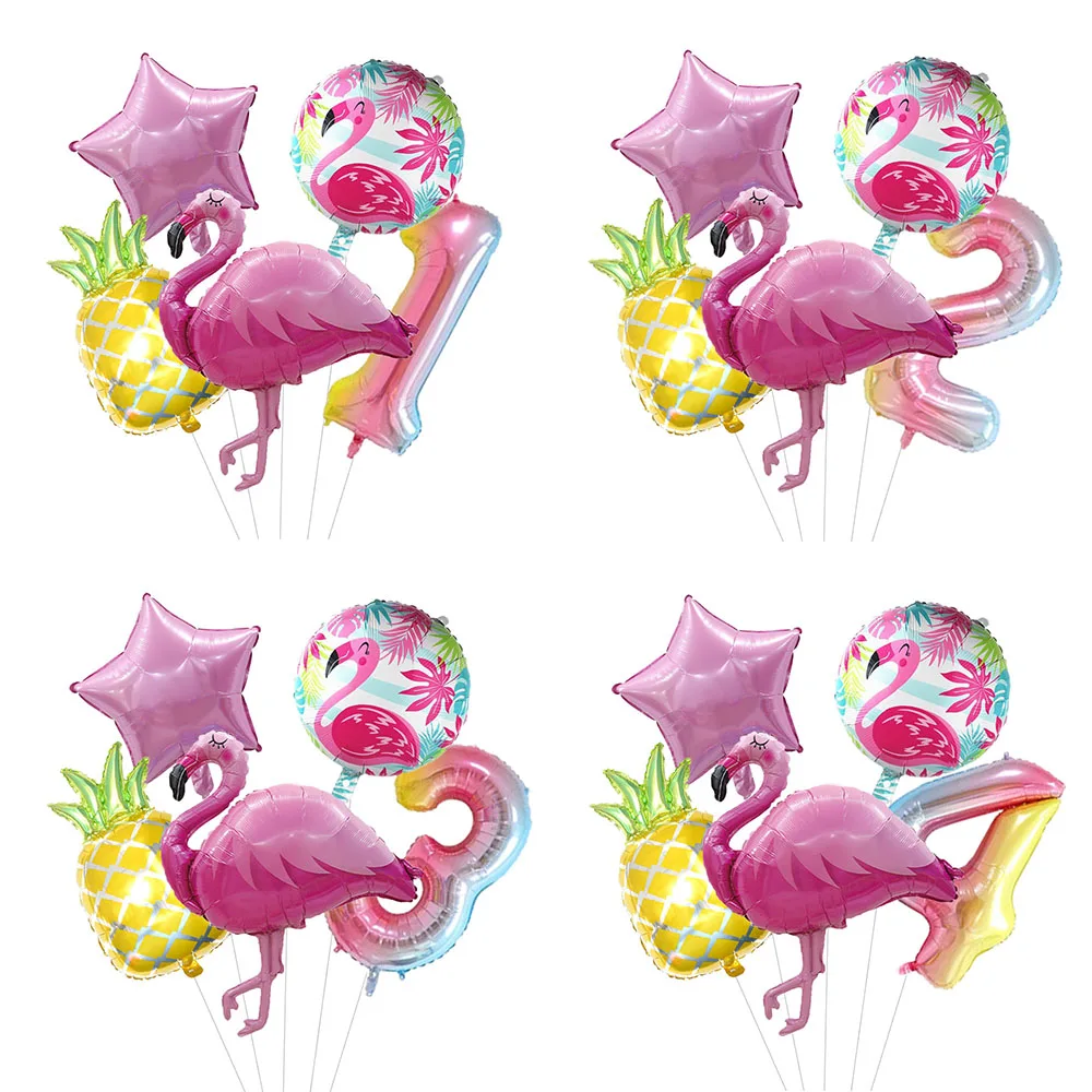 

5pcs Tropical Flamingo Pineapple Foil Balloon Set 32Inch 0-9 Gradient Number Balloons Birthday Hawaii Party Baby Shower Decor