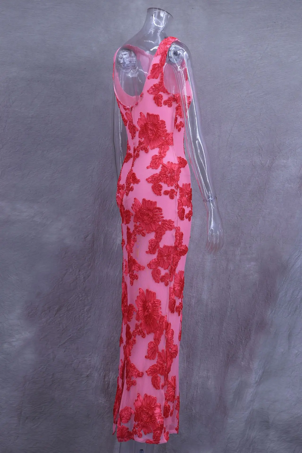 ตาข่ายสเตอริโอ Discoid ดอกไม้ห่อสะโพกชุดยาวเซ็กซี่ SLIM FIT Patchwork ผู้หญิง 3D ออกแบบรอบคอชุดราตรี