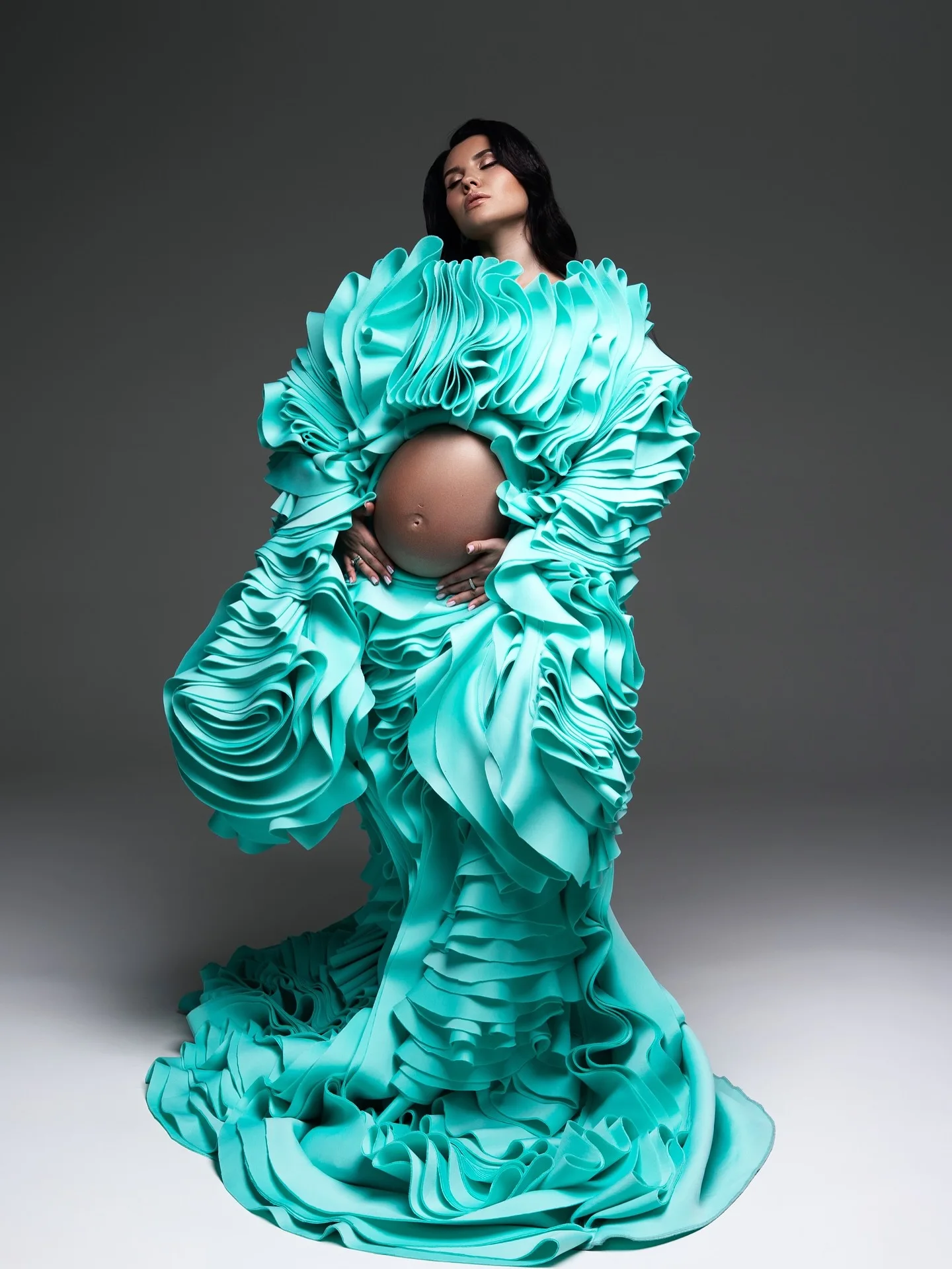 Lindo oco barriga vestidos para grávidas glamourosa turquesa verde babados cetim vestido grávida extra inchado em camadas babados vestido2026