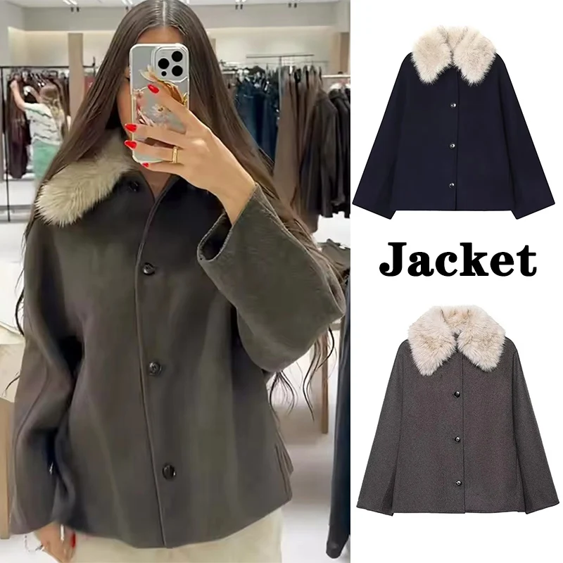 

Women Autumn Winter Fur Collar Jackets 2025 Fashion Solid Color Long Sleeves Zipper Jacket Female High Street Elegant New Coats