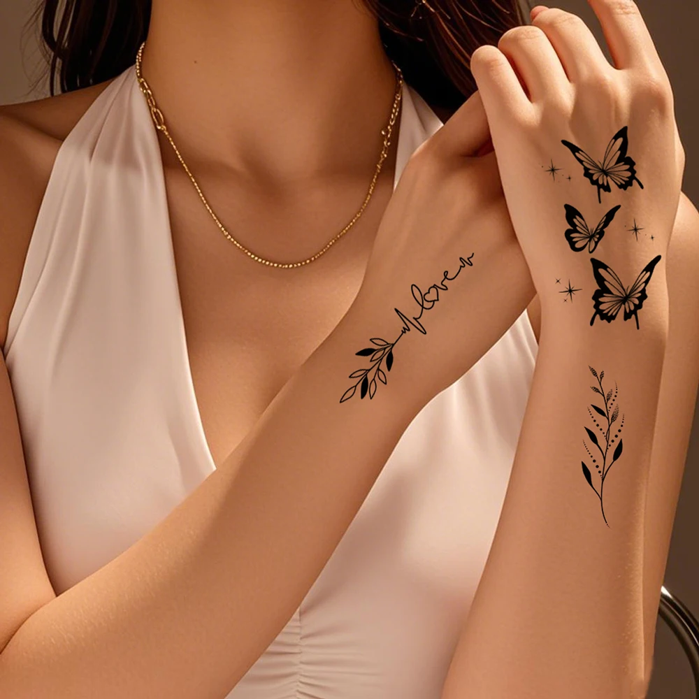 6 قطعة الوشم المؤقت زهرة سوداء للنساء ماكياج الجسم المتاح الأزهار ريشة وهمية الوشم ل فن إصبع اليد الجسم