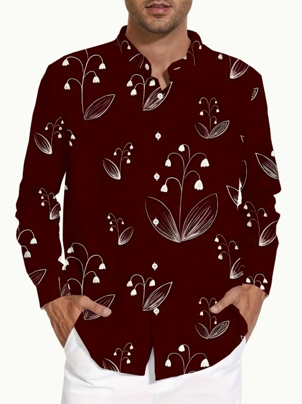Men's Regular Fit Long Sleeve Shirt with Abstract Leaf Print  All-Season Versatile Casual & Formal Wear, Nontransparent Fabric