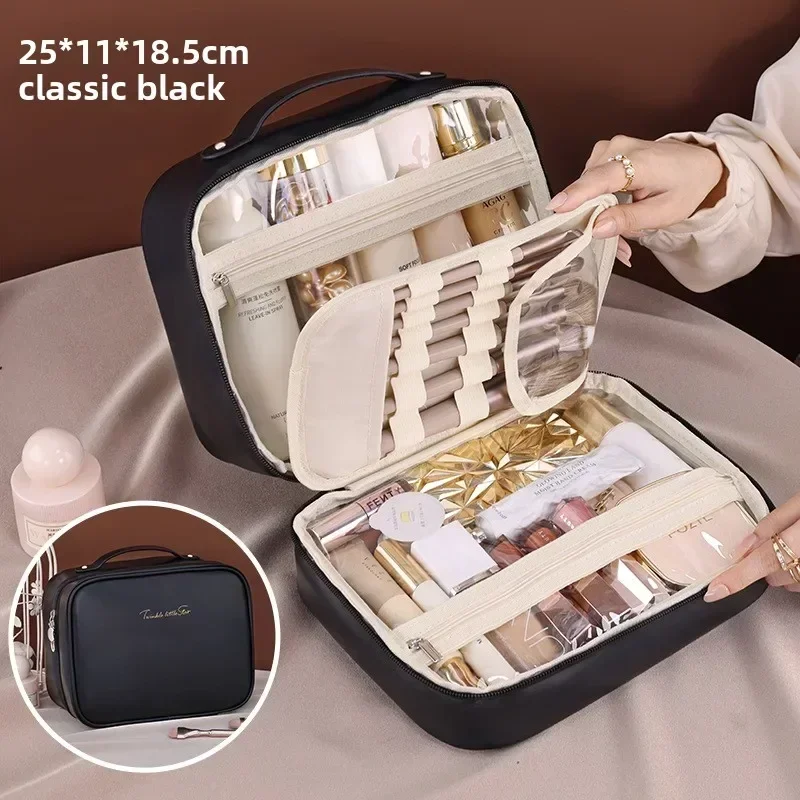 Neceser transparente de cuero PU de doble capa para mujer, bolsa de cosméticos transparente con cremallera, caja de maquillaje de aseo impermeable con múltiples compartimentos