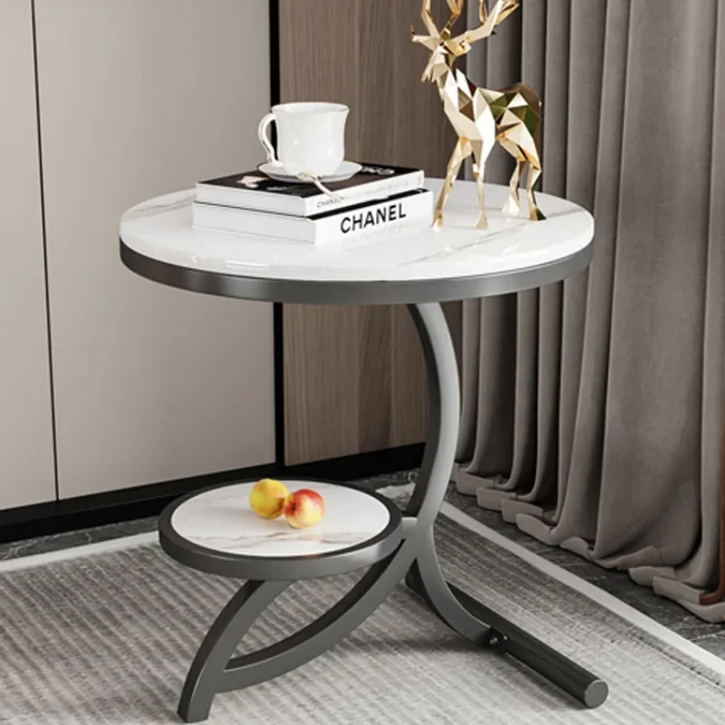 Modern 2 Tier Round End Table Storage Shelf with Faux Marble Top Gold C Shaped Legs Sofa Side Table Decorative Furniture