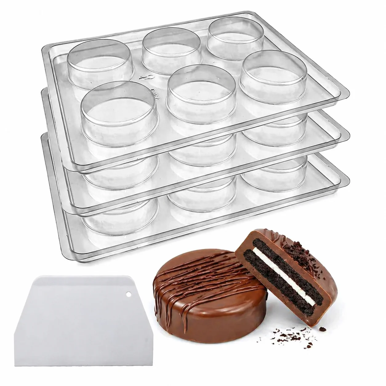Juego de 3 moldes para chocolate con raspador, moldes redondos de PET compatibles con galletas Oreo