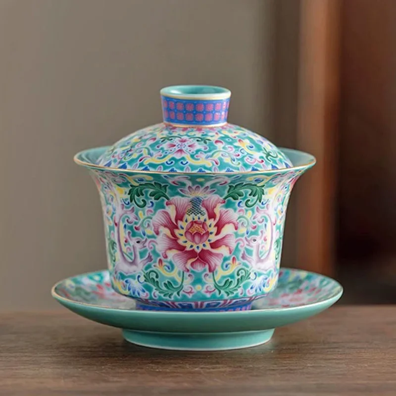 Palace Enamel Horseshoe Covered Bowl Household Sancai Tea Bowl Chinese Style High-end Turquoise Colorful Green Tea Cup with Lid