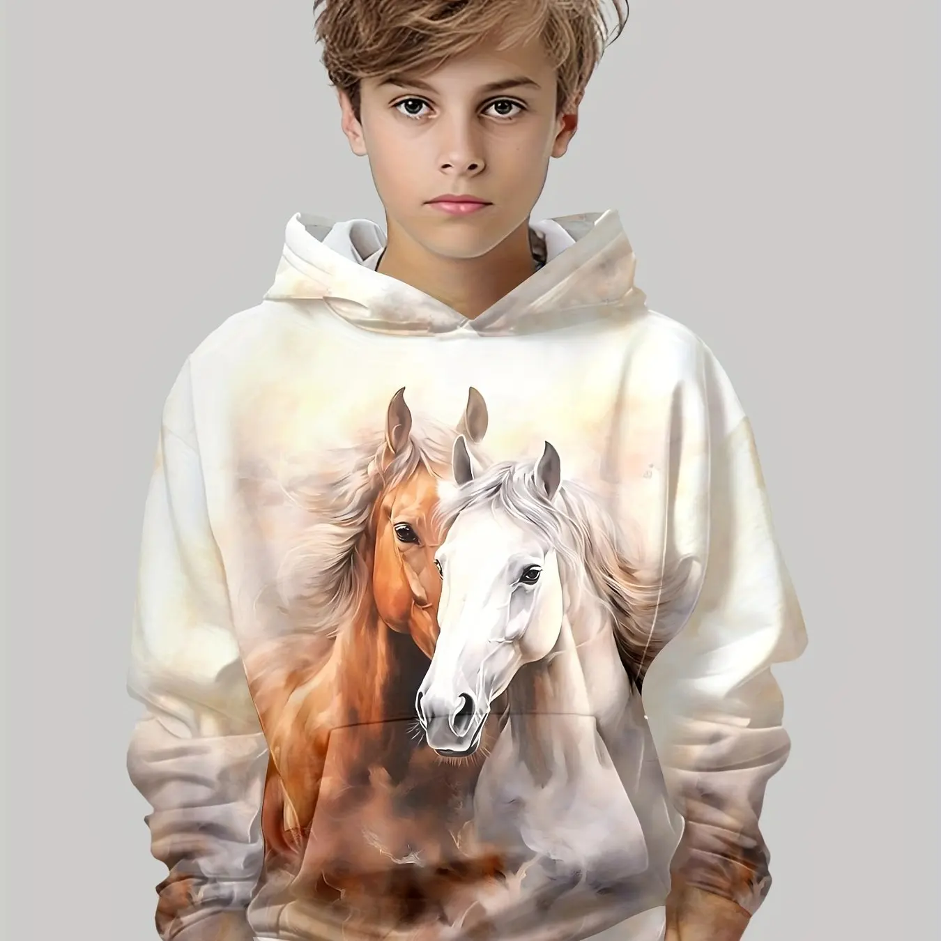 Sweat à Capuche à Manches sulfpour Enfant Garçon et Fille, Pull Imprimé Cheval, Populaire, Printemps Automne