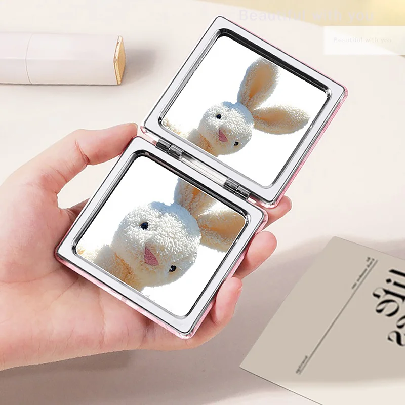 Cartoon Animal Folding Makeup Mirror PU Leather Mini Double-Sided Cosmetic Mirror Portable Girls Square High-Definition Mirror