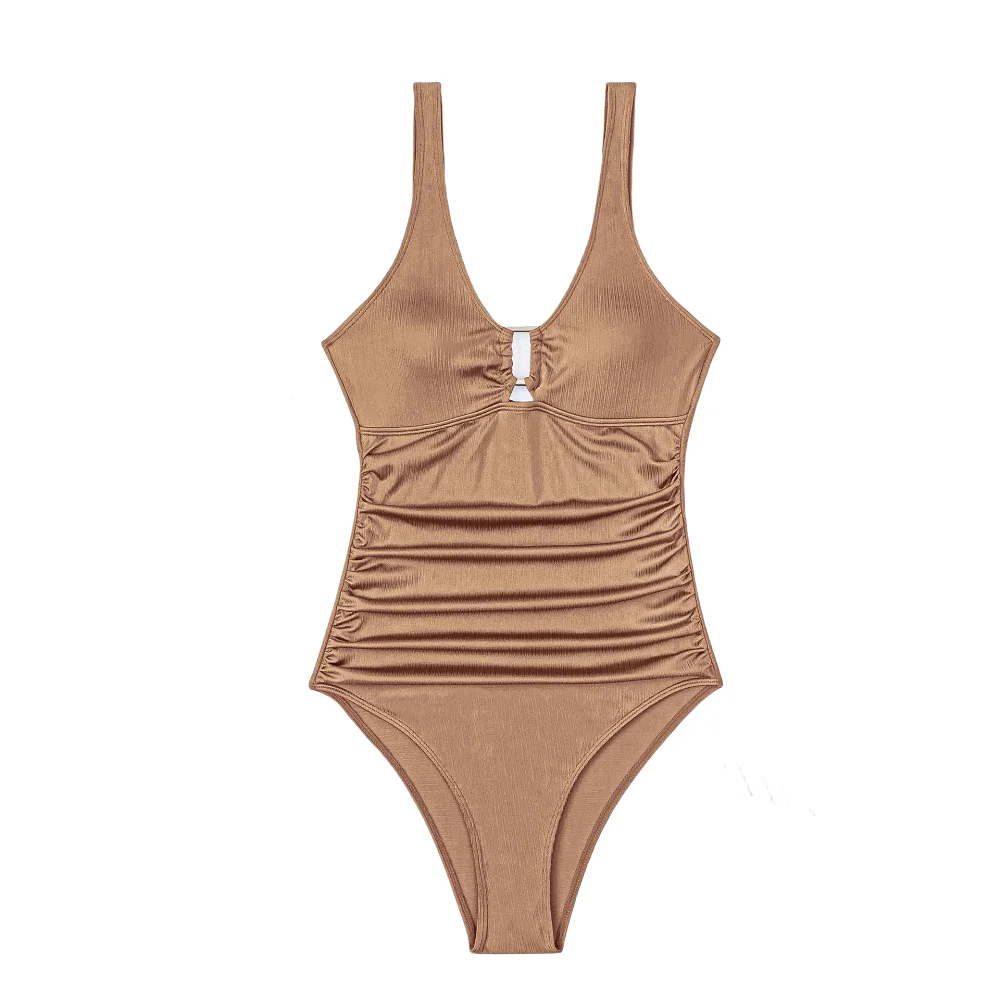 Beach Swimwear 2025 Summer Sexy Bikini One Piece Swimsuit Deep V Design Metal Detail High Waist Women's Tummy Control Swimsuit