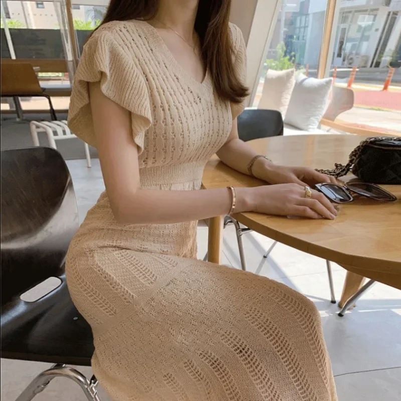 French Gentle V-neck Slim Knit Dress Sling Two-piece Slim Fit Vestidos Female 2024 Summer Korea Chic Bodycon Long Skirt Women