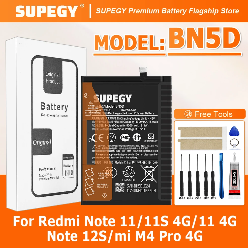 SUPEGY 100% New BN5D Battery For Xiaomi RedMi Note 11/Note 11S 4G/M4 PRO 4G/Redmi Note 12S/Redmi Note 11 4G Mobile Ph