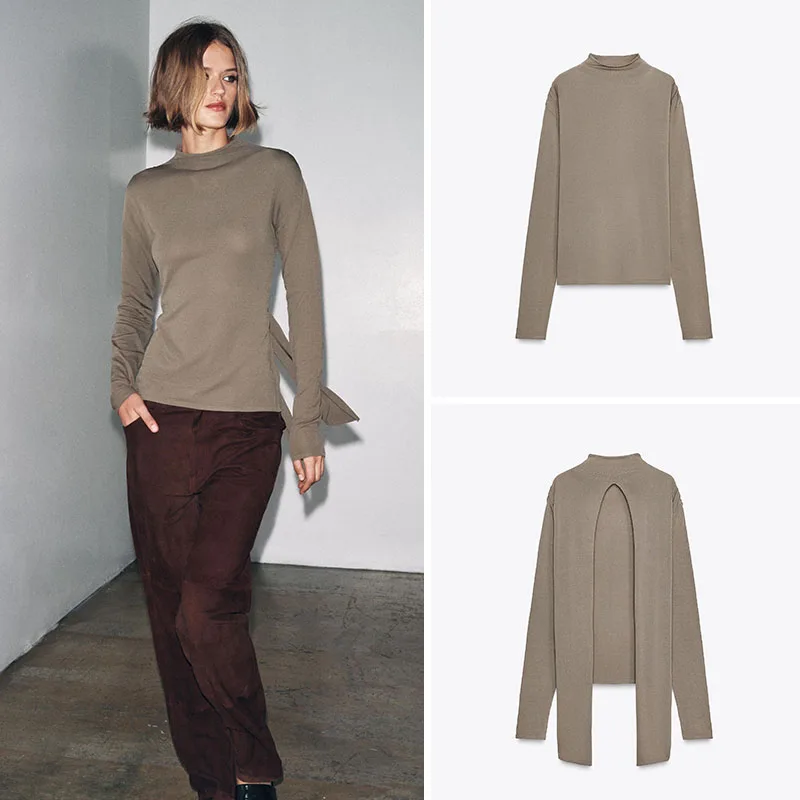 

Новый женский вязаный длинный топ све с украшением в виде узла Ba с высоким воротником, повседневный осенний модный топ для женщин