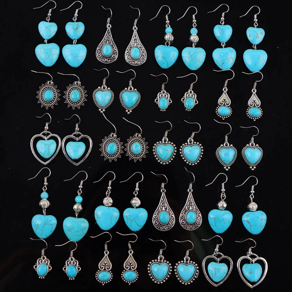 20Pairs/Set Fashion Bohemian Frosted Leaf Turquoise Pendant Earrings Women's Ethnic Style Holiday Jewelry Party Decoration Gifts