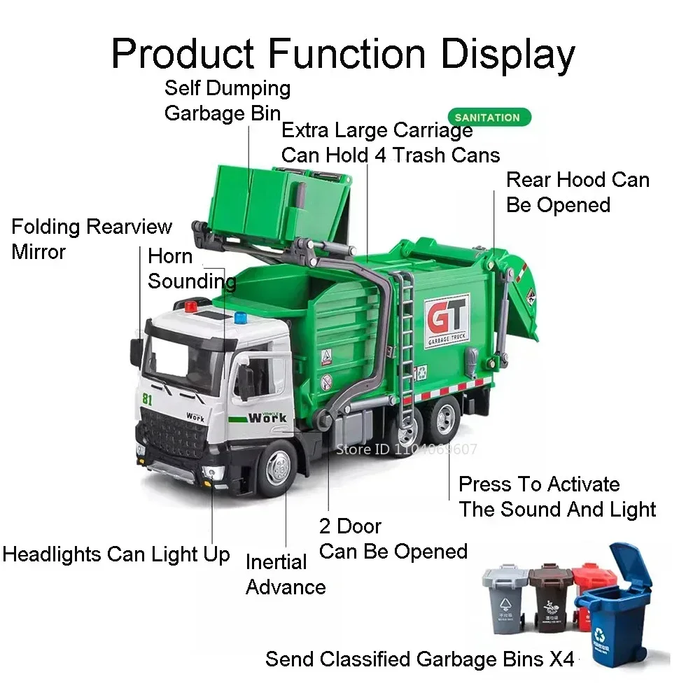 1:24 Scale Garbage Truck Toy Models Car Alloy Diecast Sound Light Pull Back Engineering Transport Vehicle for Gifts Collection