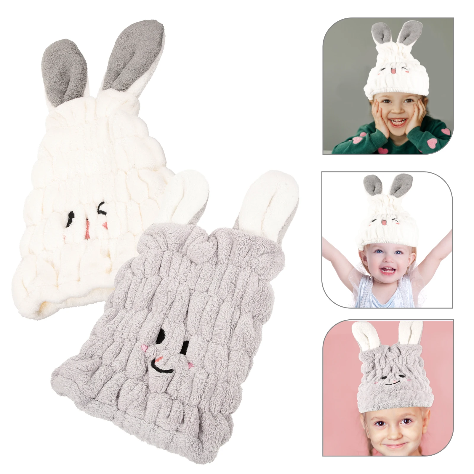 

2 pcs Cute Rabbit Ear Hair Drying Towel Wrap For Kids Absorbent Quick Dry Hair Cap Coral Fleece Bath Towel Wrap For Children