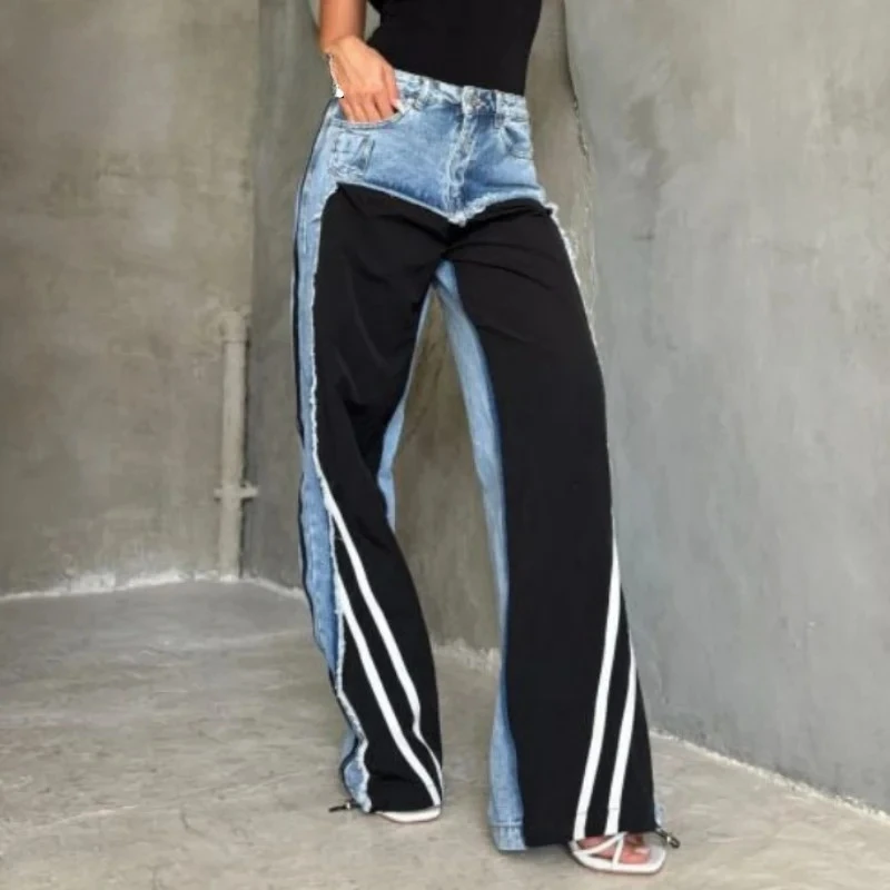 

Модная уличная одежда, повседневные спортивные штаны, лоскутные джинсовые брюки, новинка 2024, осенне-зимняя мода, элегантные женские полосатые джинсы с высокой талией