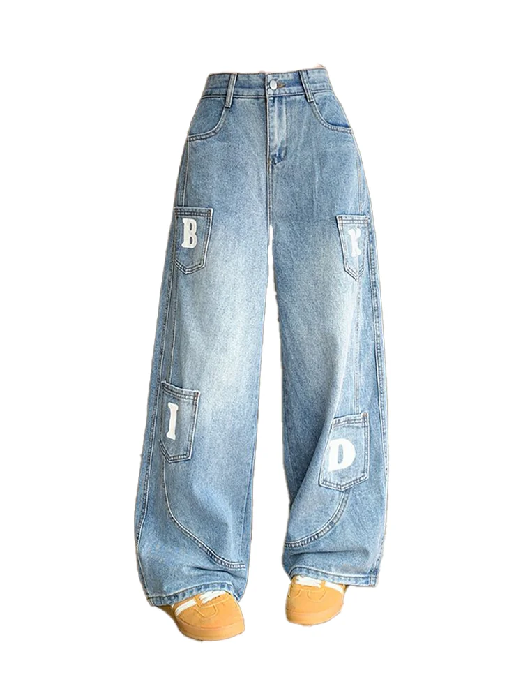 

Women's Blue Pocket Casual Jeans Cargo Baggy Trousers Y2K Japanese Harajuku High Street High Waist Wide Leg Jeans Pants Clothing