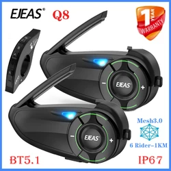 EGuitar-Oreillette Bluetooth pour casque de moto, appareil de communication AS Q8 Mesh, intercom BT5.1 pour 6 motocyclistes, portée 1000m, prise en charge du roi prudent, partage de musique, FM, IP67