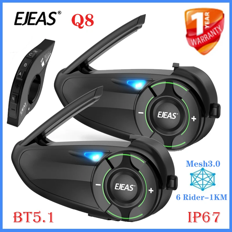 EJEAS Q8 Mesh Intercom Motorcycle Helmet Bluetooth Interphone BT5.1 For 6 Riders 1000M Talking Support Music Sharing FM IP67