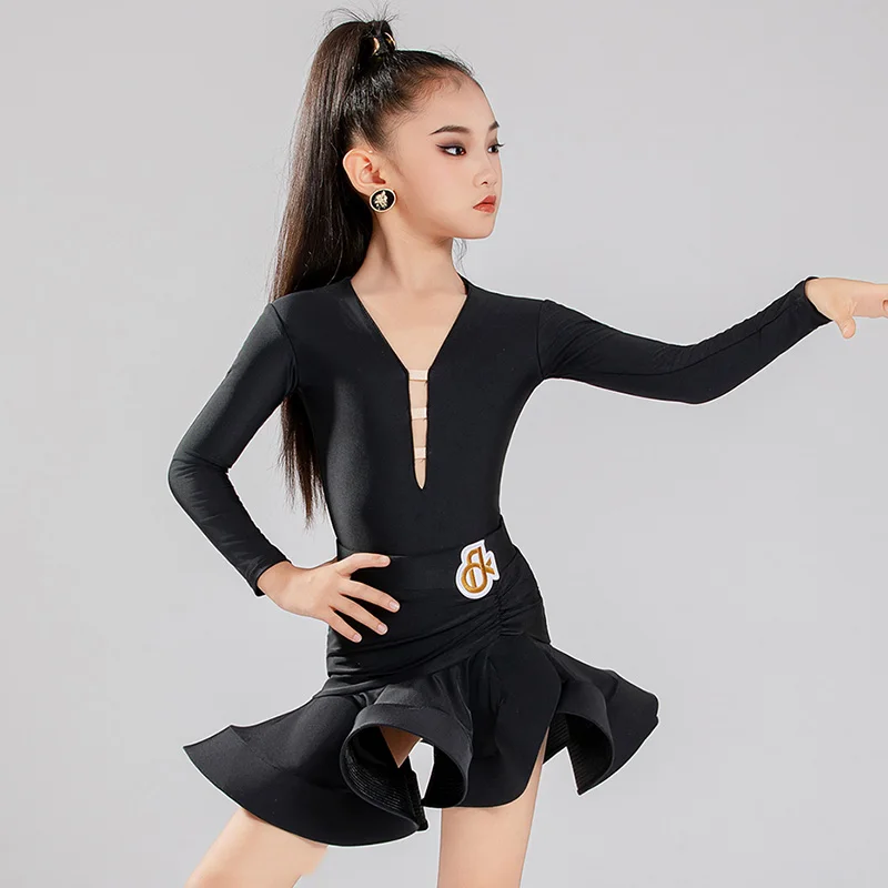 Latin danskostuum voor kinderen, meisjes, bodysuit met lange mouwen en rokken, kinderdanskleding, wedstrijdprestatie, oefenpak