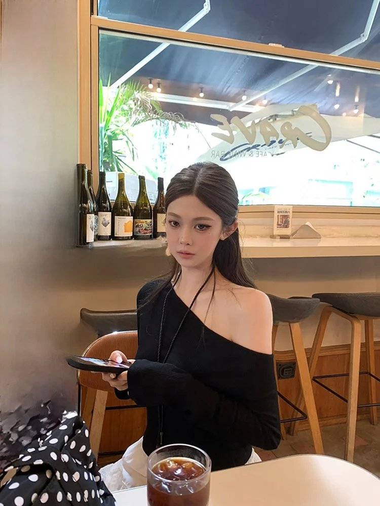 

ato Hero Американская свободная футболка в полоску с овальными плечами, женская эластичная футболка с длинными рукавами, топ све, повседневный облегающий летний топ...