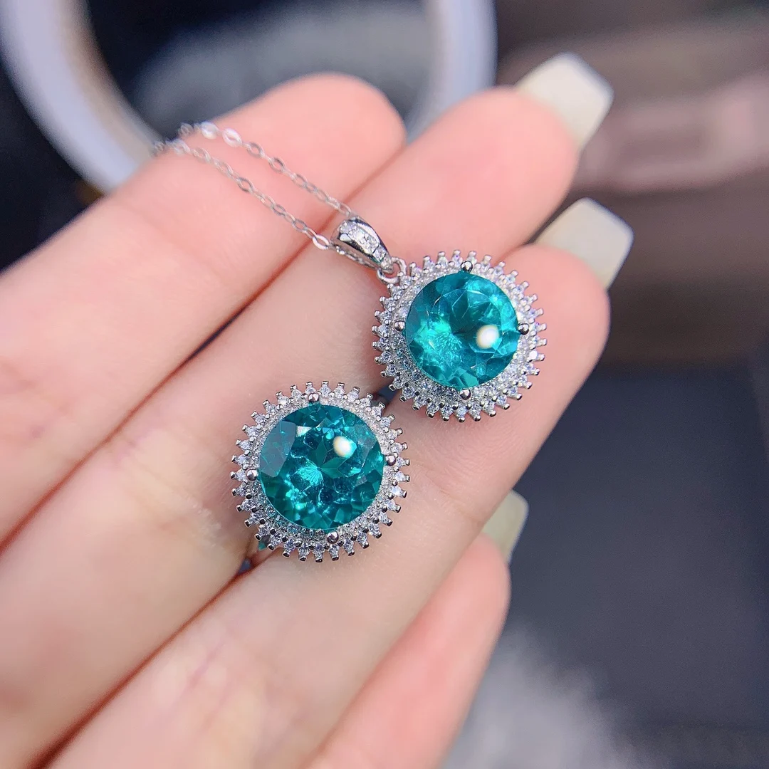 

Round 10mm Natural Blue Paraiba Topaz Jewelry Set Ring And Pendant 925 Sterling Silver Engagement Jewelry