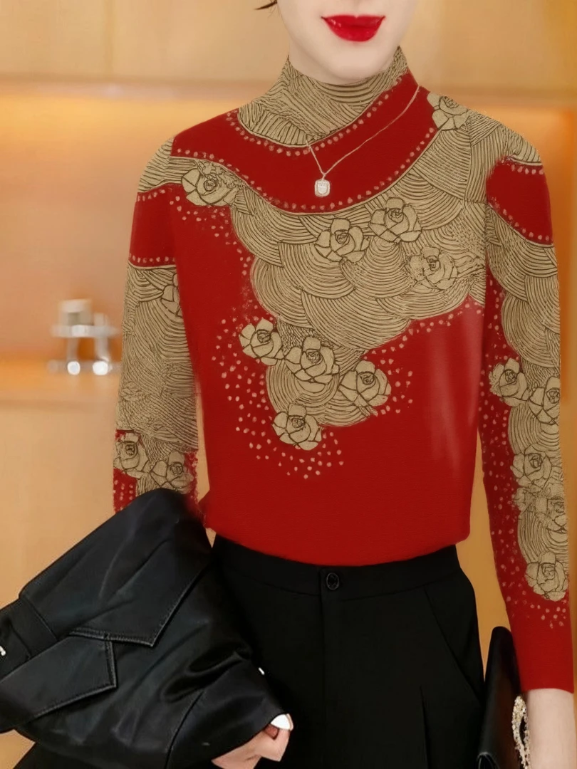 

Thickened Fleece Long Sleeve Printed Base Shirt Half High Collar Women's Fashionable Warm Top for Middle-Aged And Elderly