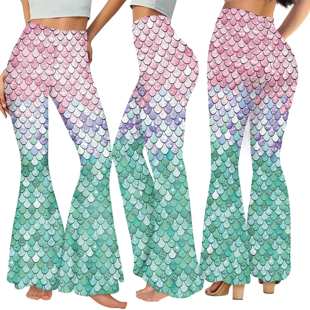 

New Cosplay Womens Shiny Fish Scale Mermaid Bell Bottoms Halloween Cosplay Party Slim Flared Pants Carnival Costumes