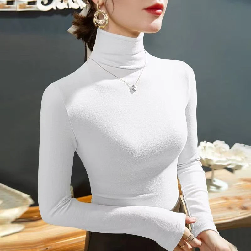 2025 Fashion Autumn Winter Female Turtleneck Fleece Stretch Shirt Women Long Sleeve T-shirt Warm Basic Pullover Bottoming Tops