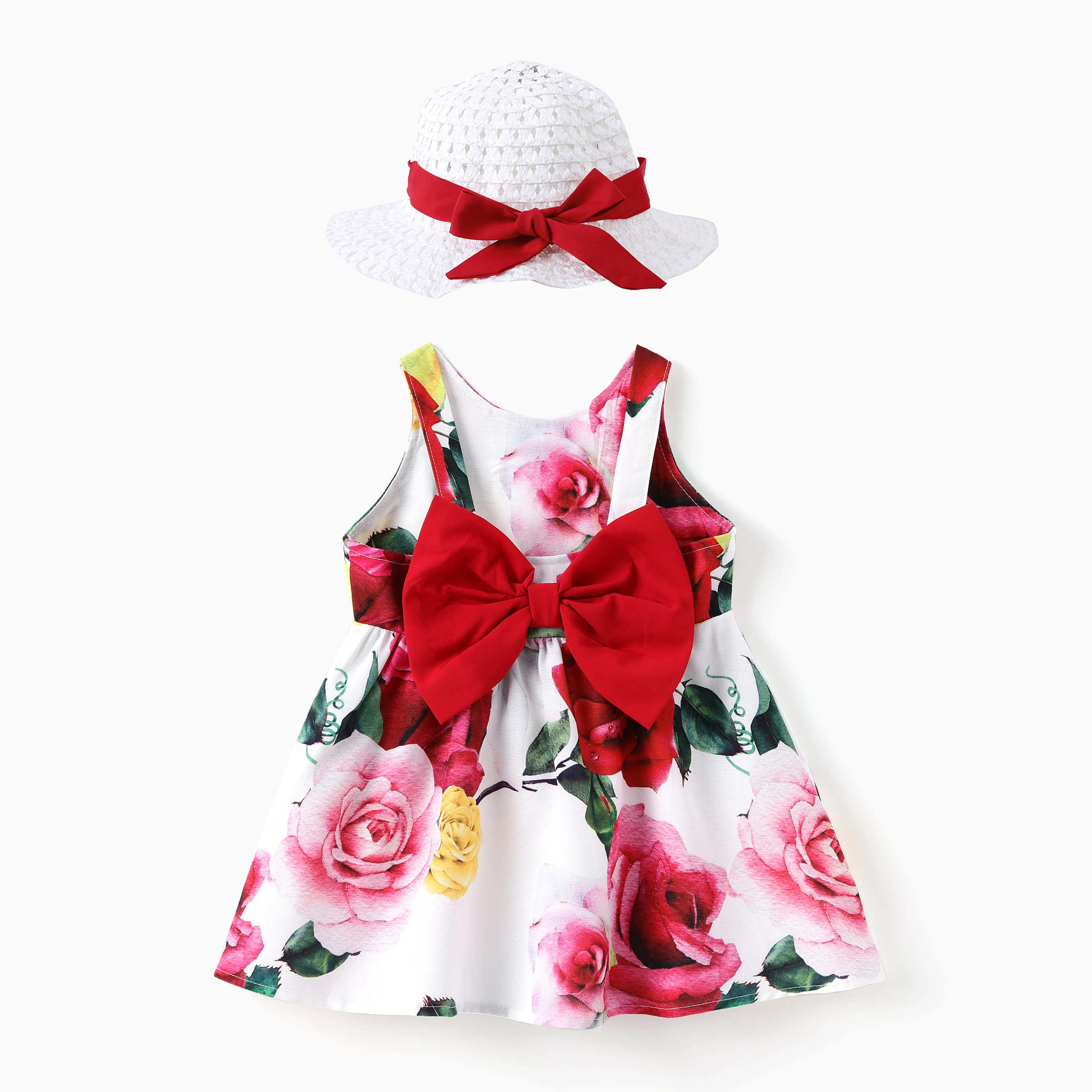 

PatPat Baby Girl 2pcs Floral Print Big Bowknot Dress with Hat