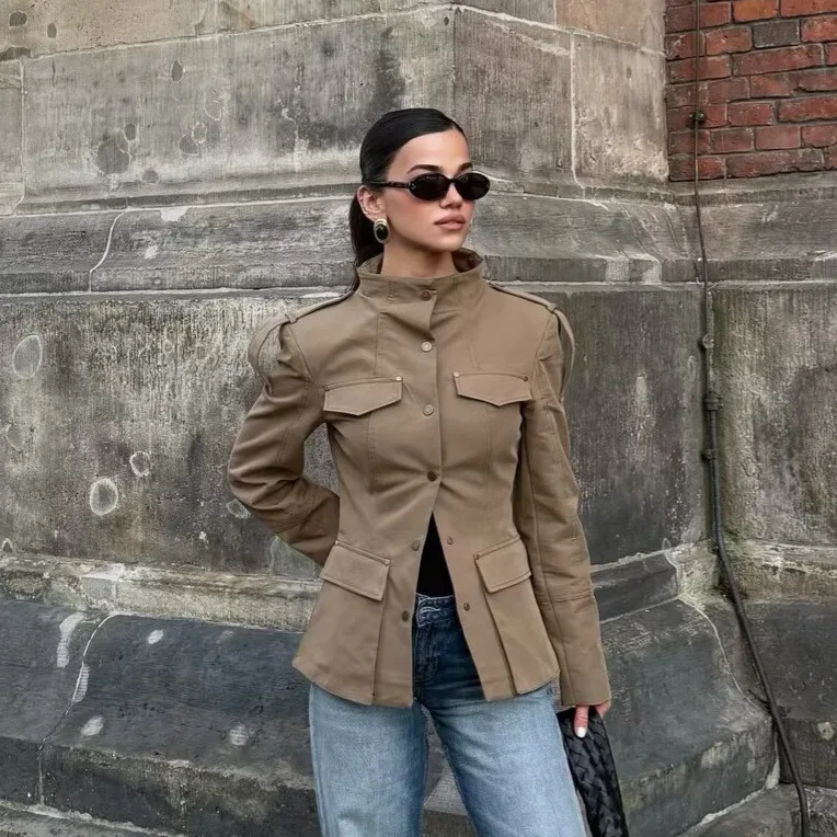Suninbox Women's Vintage Trench Coat Slim Fit Stand Collar Utility Jacket with Pockets Autumn Spring Outerwear