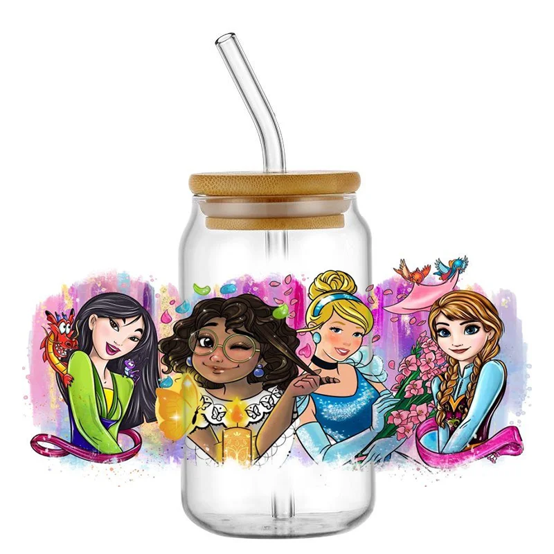 Miniso Disney Princess 16oz UV DTF Cup Wrap Cartoon Libbey Glass Beer Can Tumbler Transfer Sticker adesivo permanente impermeabile