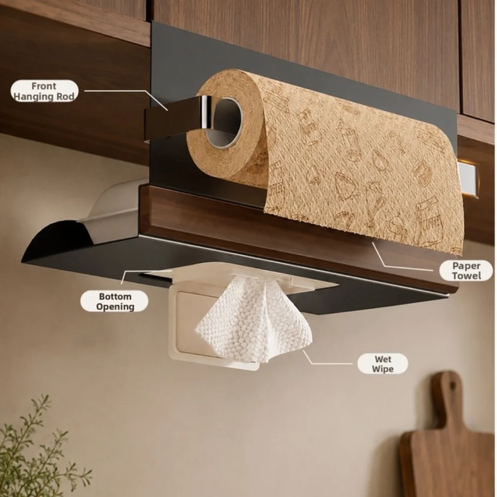 Under Cabinet For Paper Towel Holder for Kitchen and Bathroom Mountable Organizer with Front Hanging Rod and Smooth Operation