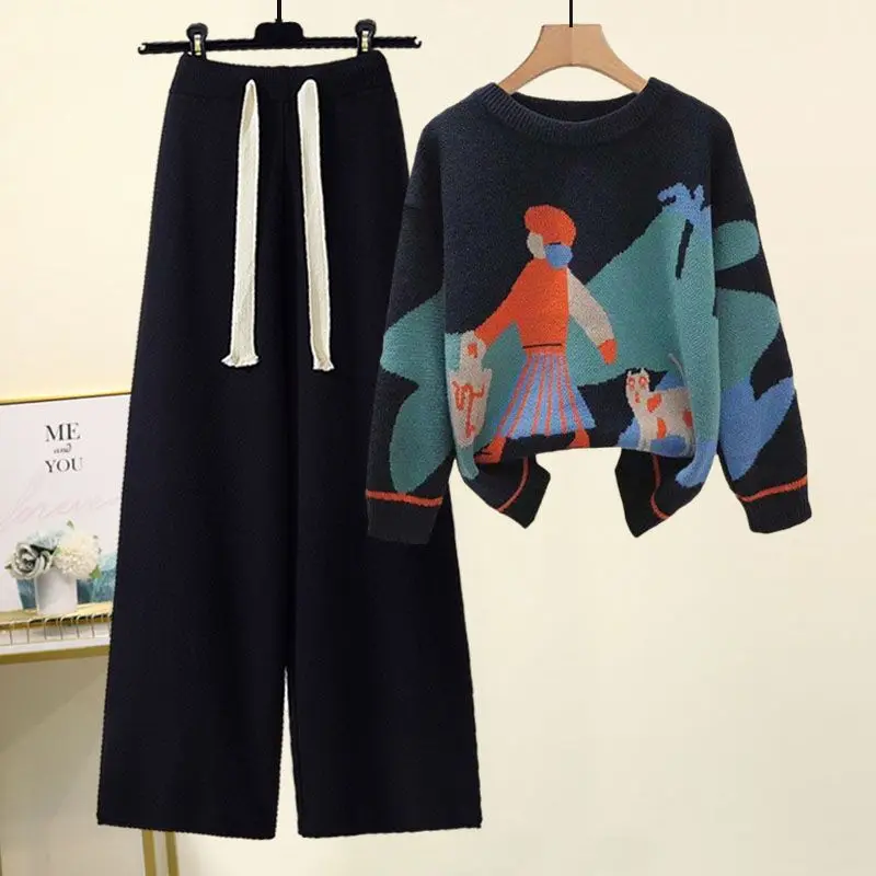 Autumn and Winter Set Women's New Lazy Style Sweater Western-style Age Reducing Slimming and Wide Leg Pants Two-piece Set