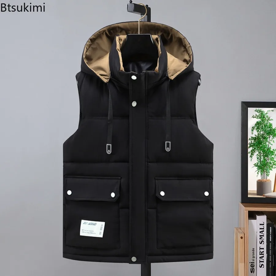 2025 Men's Cotton Vest Winter New Hooded Cotton Camisole Jacket Casual Korean Version Detachable Hat Vest Tooling Male Clothing