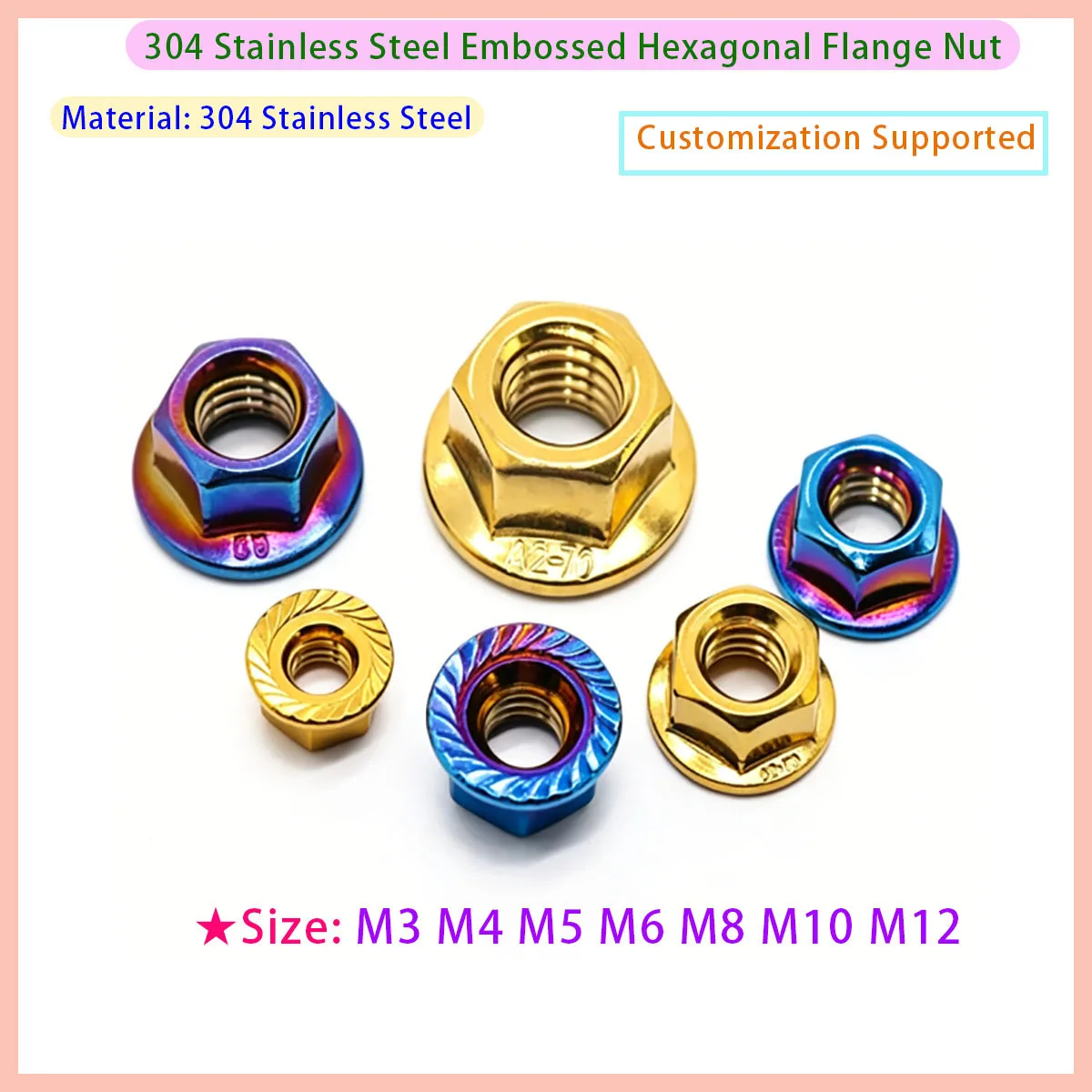 304 Stainless Steel Blue/gold Hexagonal Serrated Locking Screw Nut, Titanium Plated Hexagonal Flange Nut M3 M4 M5 M6 M8 M10M12