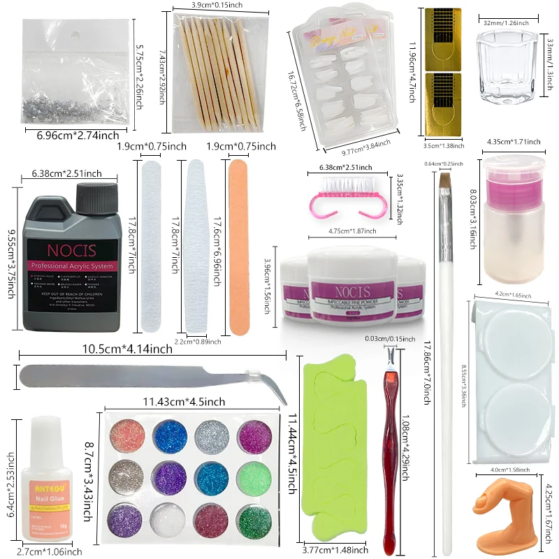 Kit de uñas acrílicas para principiantes con 12 colores de polvo acrílico brillante, que incluye blanco, transparente y rosa.
