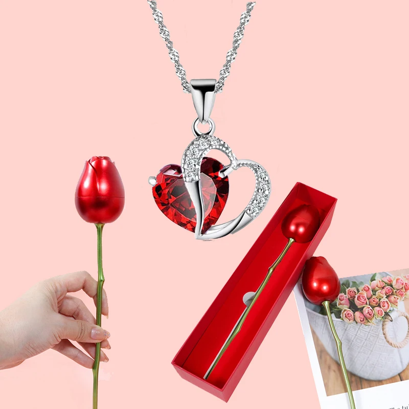 Heart Red Zircon Necklace Pendant With Roses Flower Box Gift For Mother's Day 2024 New Luxury Romantic Wedding Jewelry