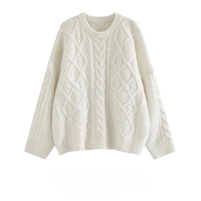 Twist Sweter Damski Jesień i Zima Miękki Glutinous All-Match Milky White Okrągły Dekolt Luźny Pullover Idle Sle Outer Wear Knit