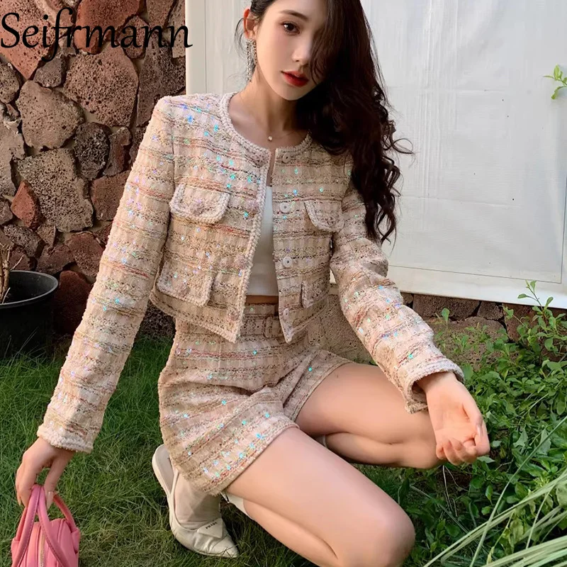 Seifrmann 2026 Spring Women's New Fashionable Round Neck Long Sleeve Sequin Coat+Shorts Two Piece Set