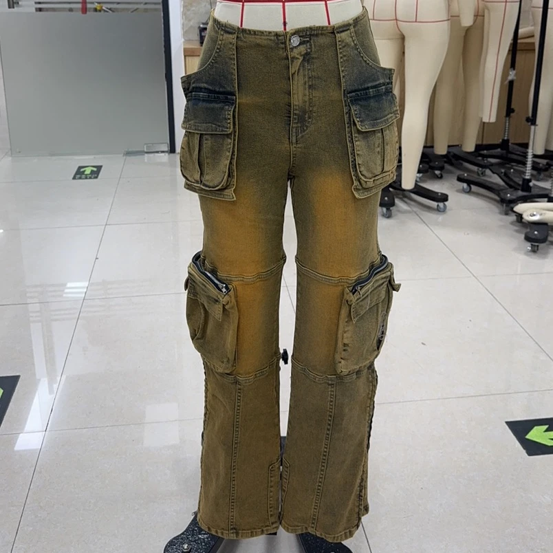 

Джинсы-карго для женщин. Модные повседневные джинсовые эластичные прямые брюки с карманами.