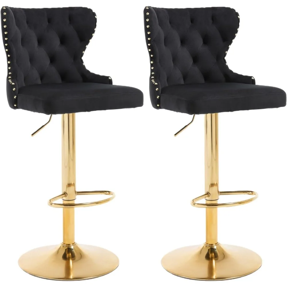 Set of 2 Adjustable Swivel Bar Stools,Velvet Upholstered Counter Height Chairs with Nailhead Trim, Gold Metal Legs and Footrest