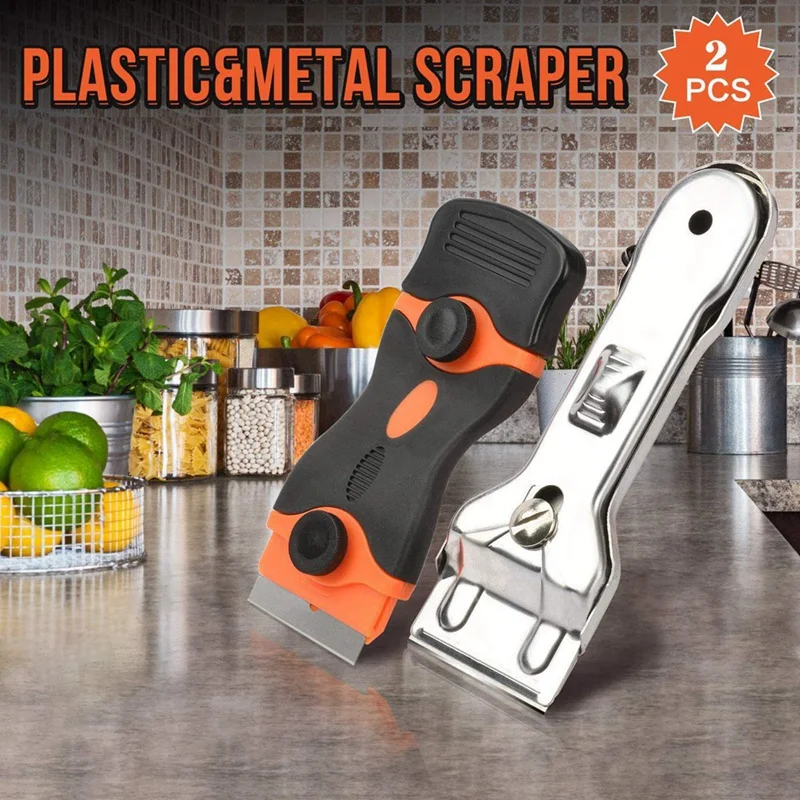 Double-Sided Scraper With Plastic Handle Blade Combination Portable Stainless Steel Ceramic Hob Scraper Cleaner Tool