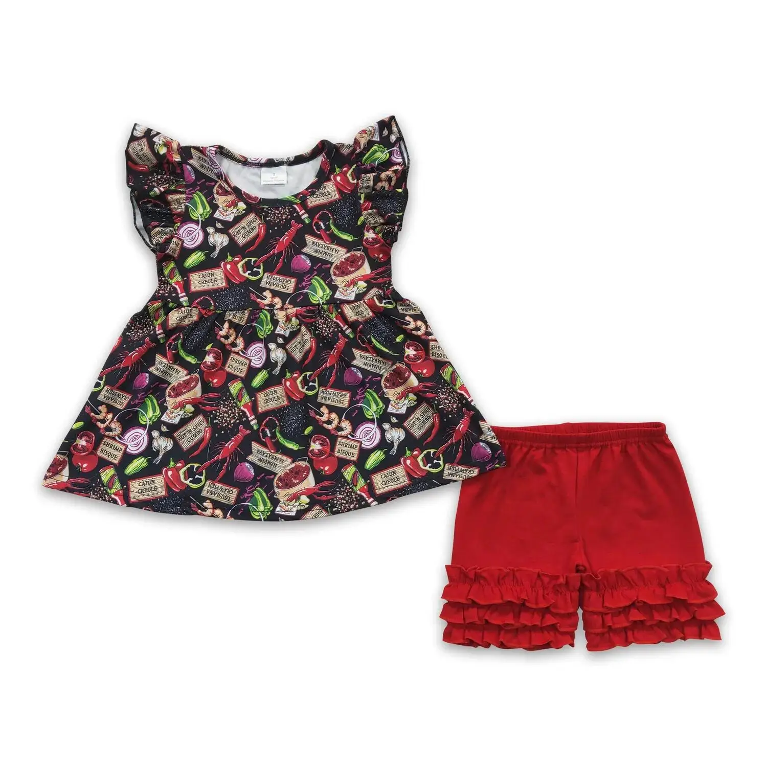 

Baby Girls Summer Pearl Shorts Set with Crawfish Lobster Print Flutter Sleeves Shirt And Ruffle Shorts Cute Girls Clothing Set