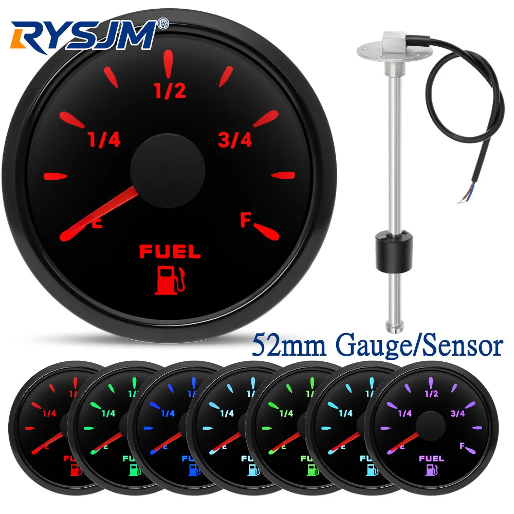 

0-190ohm Fuel Float Sensor+52mm Fuel Level Gauge 7 Color LED Oil Tank Meter Indicator Fuel Sender Unit 100~500mm For Car Boat RV
