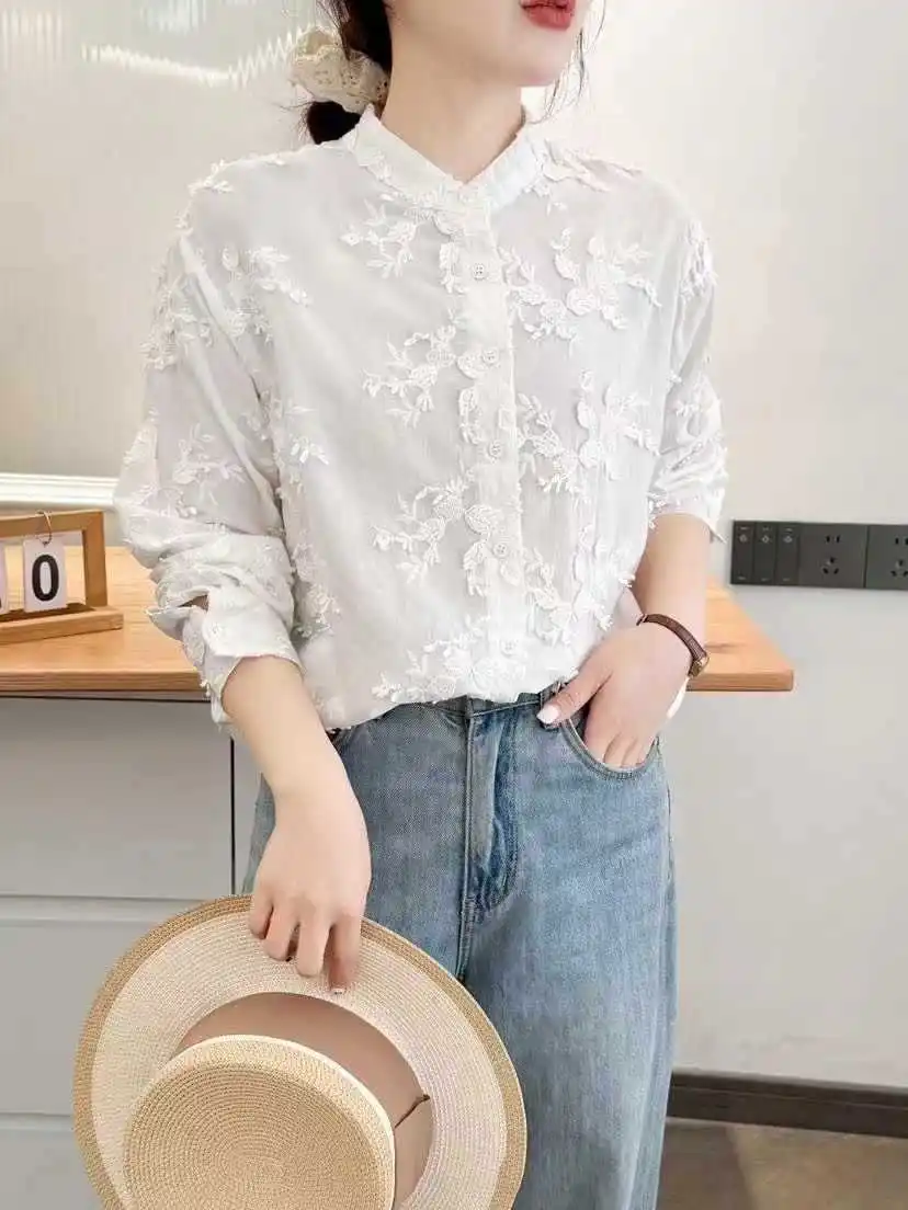 Nowa koszula z długim rękawem z bawełny na jesień 2025, damska stójka z haftem kwiatowym 3D, bluzka w stylu Mori Girl Retro Sweet Chic Loose T570114CC